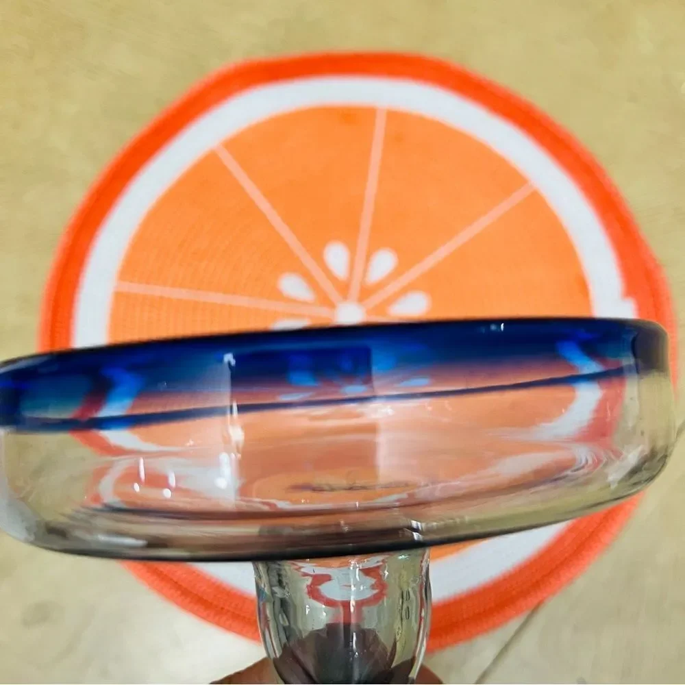 Mexican Hand Blown Margarita Glasses Cobalt Blue Rim Set of Two